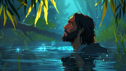 Witness the serene cartoon depiction of Jesus standing in the water, hands clasped in prayer, while John the Baptist pours water over His head. The simplicity of the illustration encapsulates 
