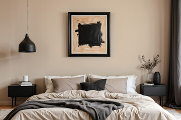 Abstract black oil painting in frame on empty beige wall of cozy bedroom