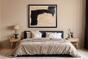 Abstract black oil painting in frame on empty beige wall of cozy bedroom