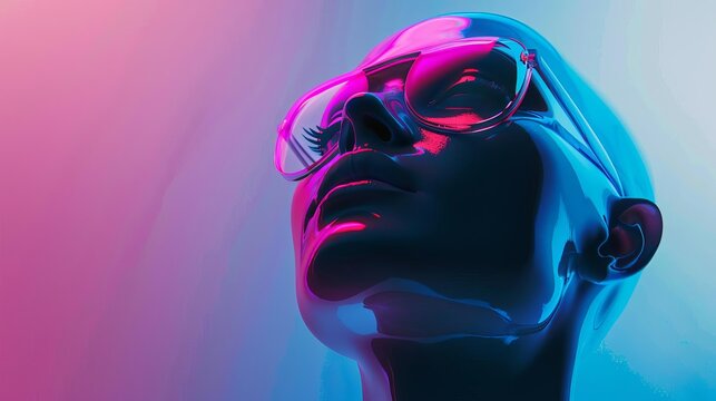 Create a 3D rendering of a mannequin head. The mannequin should be wearing sunglasses. The background gradient of blue and pink. The lighting soft and even.