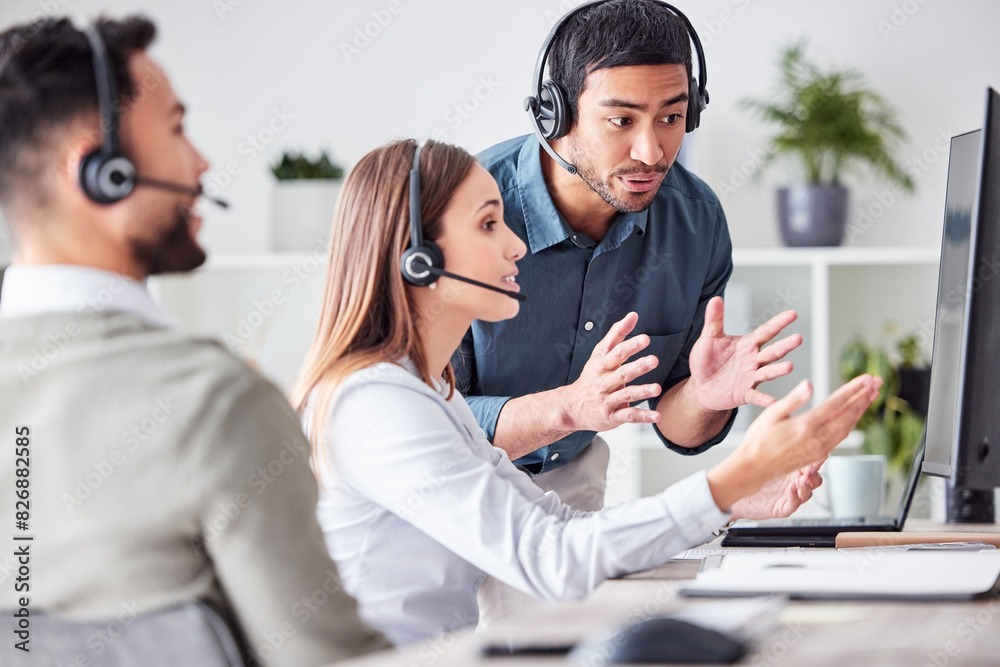 Poster manager, assistance and call center agent with headphones for customer service, crm or support. sale