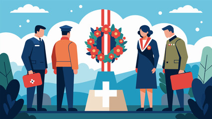 A memorial service remembering and honoring those veterans who have passed away with a moment of silence and wreath laying.. Vector illustration
