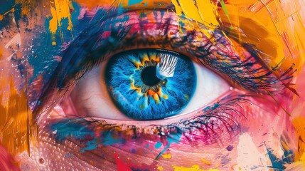 Abstract eye in vibrant colors with bold brush strokes and paint splashes. The large closeup of a blue eye is centered, surrounded by a warm color palette 