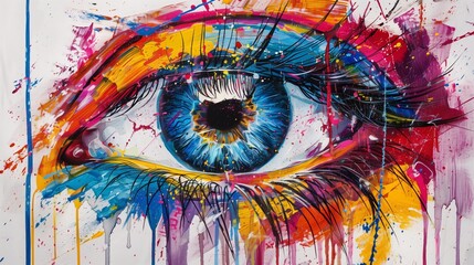 Abstract eye with vibrant colors, colorful paint dripping and splashing on the canvas, modern art style with bold brush strokes, impasto technique, large closeup of an open human 