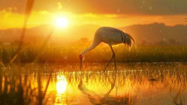 cranes looking for food in the rice fields. Virtual 4K video animation background with looping time lapse with very smooth graphics.