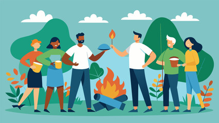 Naklejka premium As the restoration project comes to a close the volunteers gather for a celebratory barbecue happy to have played a part in bringing back a piece of. Vector illustration