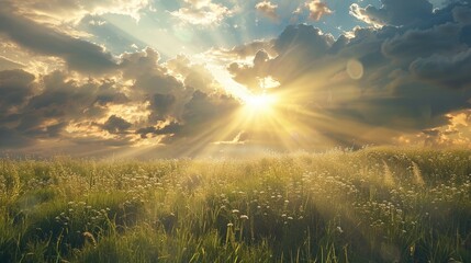 Sun rays breaking through the clouds and illuminating a grassy field, creating a dramatic effect