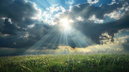 Sun rays breaking through the clouds and illuminating a grassy field, creating a dramatic effect