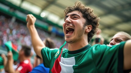 A happy fan at a public event in a stadium, holding an Italian flag with a smile and making a gesture, while enjoying the fun and leisure with a cheering crowd. AIG41
