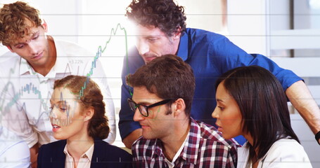 Image of financial data processing over diverse colleagues discussing together at office