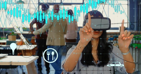Image of mathematical equations over biracial woman wearing vr headset at office