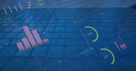 Image of multicolored infographic interface over low angle view of glass building