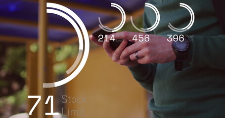 Image of numbers and data processing over african american albino man using smartphone