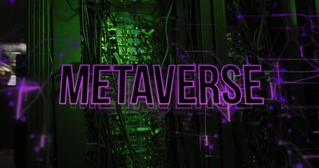 Image of metaverse text and network of connections over server room