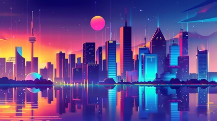 Citypop style flat design front view nightlife theme water color Complementary Color Scheme