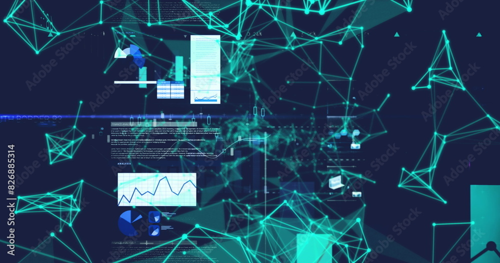 Poster image of plexus networks over screens with data processing against blue background
