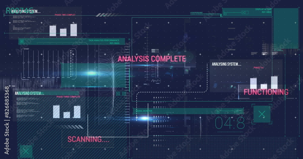 Poster image of interface with data processing and light spot against blue background