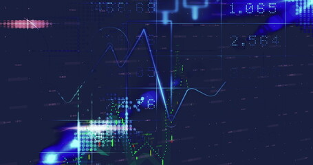 Image of graphs and financial data over world map and blue and black background