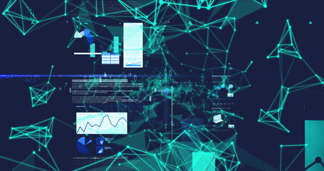 Image of plexus networks over screens with data processing against blue background