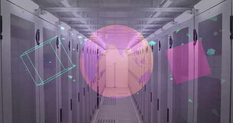 Image of shapes and globe over server room