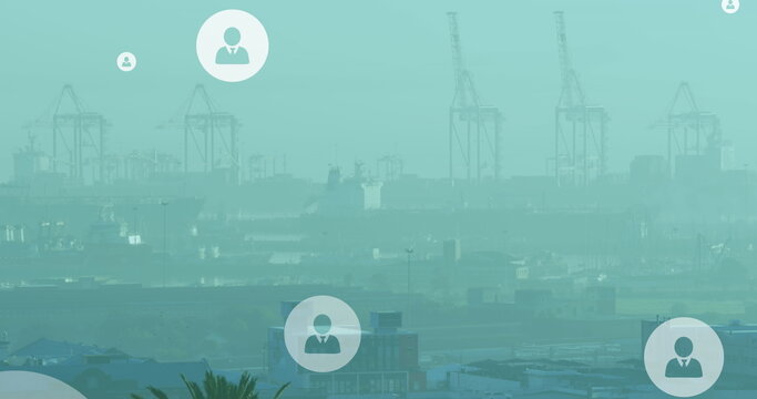 Image of multiple profile icons floating against aerial view of cityscape