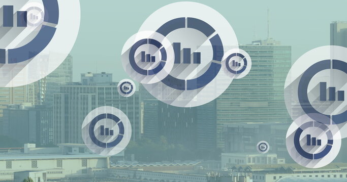 Image of multiple bar graph icons floating against aerial view of cityscape