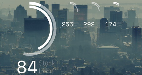 Image of financial data processing over cityscape