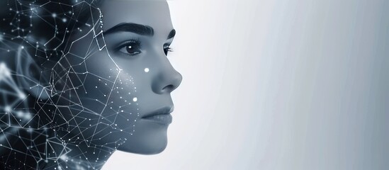 Face of beautiful woman with double exposure of network interface. Concept of artificial intelligence and machine learning.