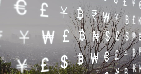 Image of financial icons and currency symbols processing over cityscape