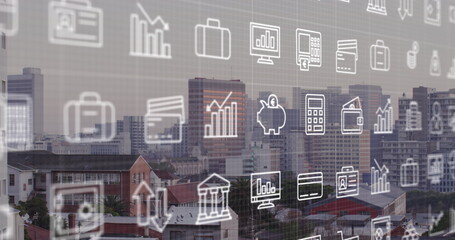 Image of financial icons and data processing over cityscape