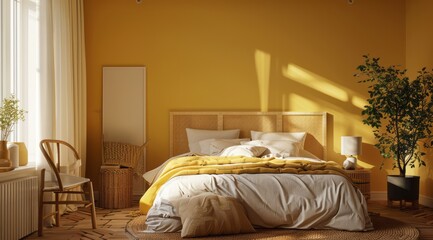 A cozy minimalistic bedroom featuring a warm mustard yellow color palette, simple furniture designs, and a tranquil atmosphere