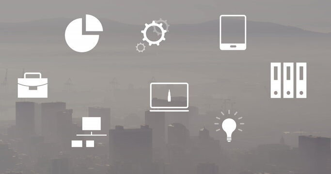 Image of icona and financial data processing over cityscape