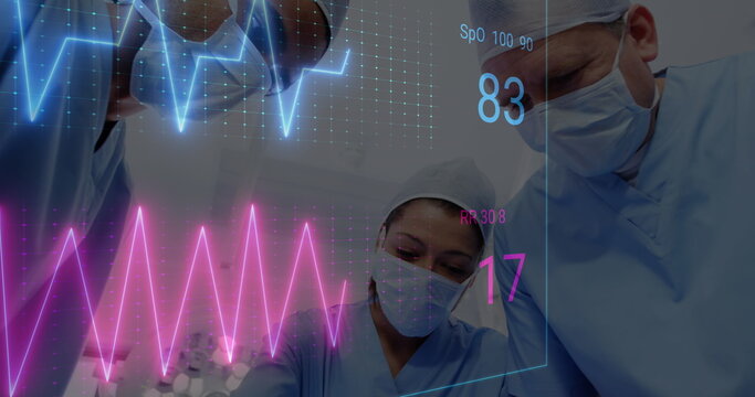 Image of medical data processing over team of diverse surgeons performing operation at hospital