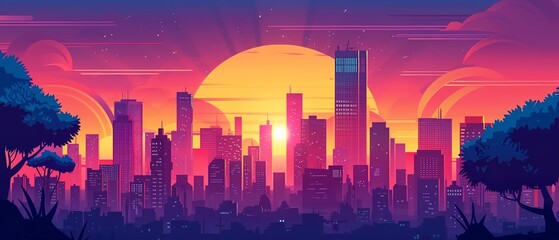 Citypop style flat design front view sunset theme animation Analogous Color Scheme