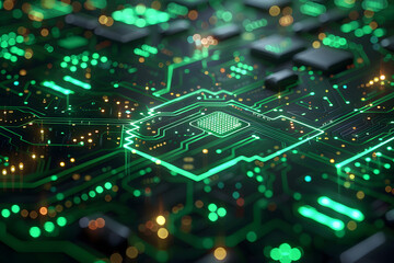 Obraz premium Abstract background displaying a futuristic digital grid pattern in shades of neon green and blue, with glowing lines and geometric shapes creating a high-tech and sci-fi aesthetic.