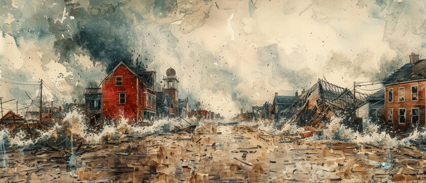 Watercolor painting of a coastal town devastated by a storm, showing waves crashing and buildings in ruins, depicting natural disaster and destruction.