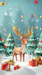 Fototapeta premium Low poly 3D image of happy new year, christmas winter festive composition. colorful christmas background with realistic 3D decorative design objects.