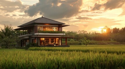 Fototapeta premium View of a modern two-story tropical house in the middle of a village cool rural green rice field in the morning.