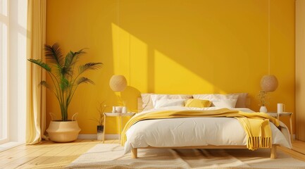 A minimalistic yellow bedroom interior with soft pastel yellow walls, sleek modern furniture, and minimalistic decor accents
