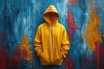 A yellow hoodie is hanging on a blue wall next to a rectangle of magenta paint