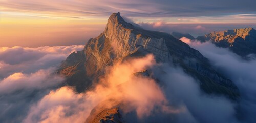 A majestic mountain peak bathed in the golden light of sunset, with a blanket of clouds rolling through the valley below 32k, full ultra hd, high resolution