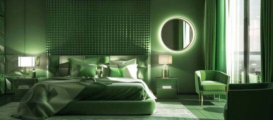 A modern green bedroom with geometric green wallpaper, sleek green furniture