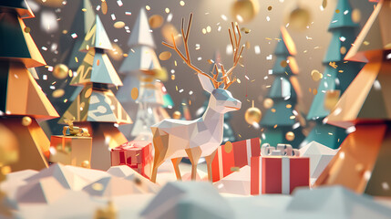 Low poly 3D image of happy new year, christmas winter festive composition. colorful christmas background with vector illustration