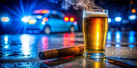 a glass of light beer, standing on the asphalt, Colombian cigar, dark background, in the background there is a police car and blue and red flashing lights
