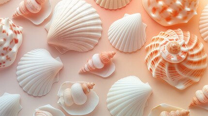 Assorted seashells of various shapes and sizes arranged in a scattered pattern on a soft pastel background, highlighting their unique forms and textures in a serene setting.