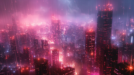 Futuristic cyberpunk city at night with neon lights.