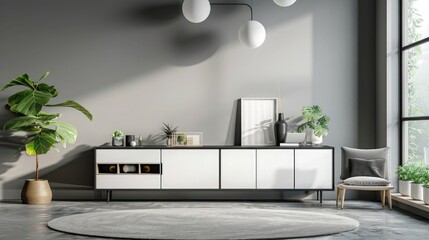 Modern interior design of living room with white and black cabinet against grey wall