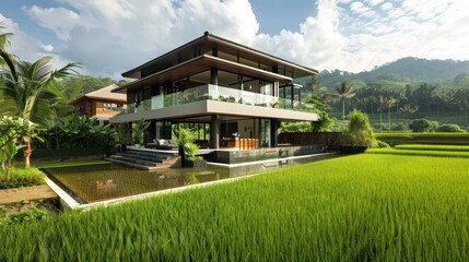Obraz premium View of a modern two-story tropical house in the middle of a village cool rural green rice field in the morning.