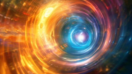 Sci-fi portal corridor with an arched gateway, emitting a radiant glow, cosmic vortex spiraling into a colorful parallel universe