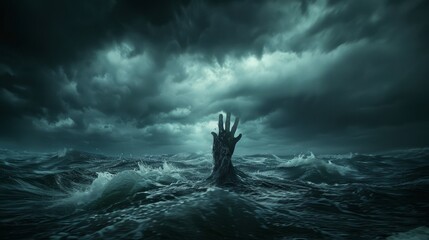 Obraz premium Raised hand barely visible above stormy waters, symbolizing a cry for help in the concept of drowning
